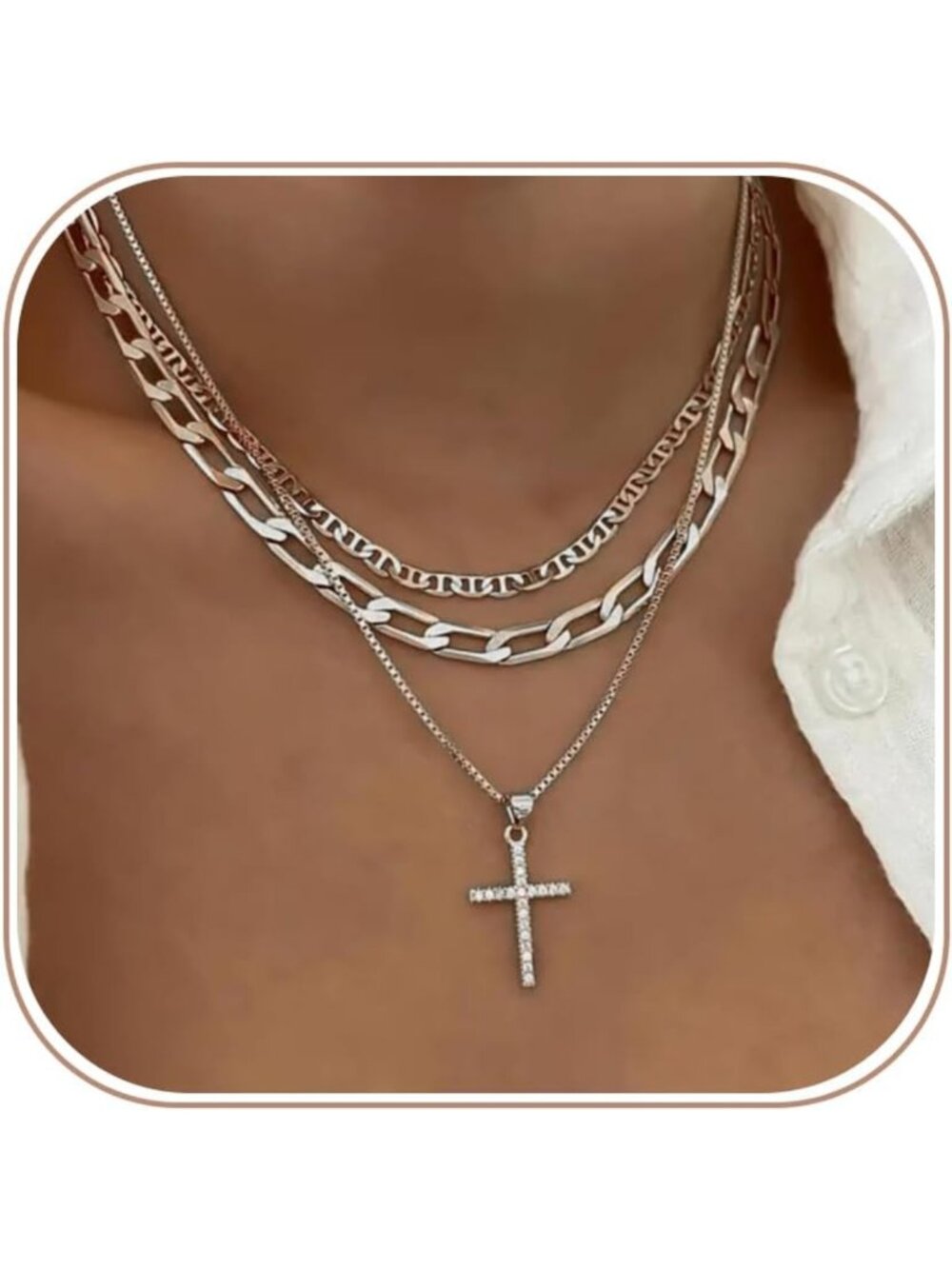 Layered Cross Necklace for Women - 14K Gold/Silver Plated Stackable Jewelry